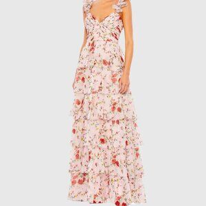 Ieena for Mac Duggal Pink Ruffled Sleeveless Draped Tiered Floral Print Gown